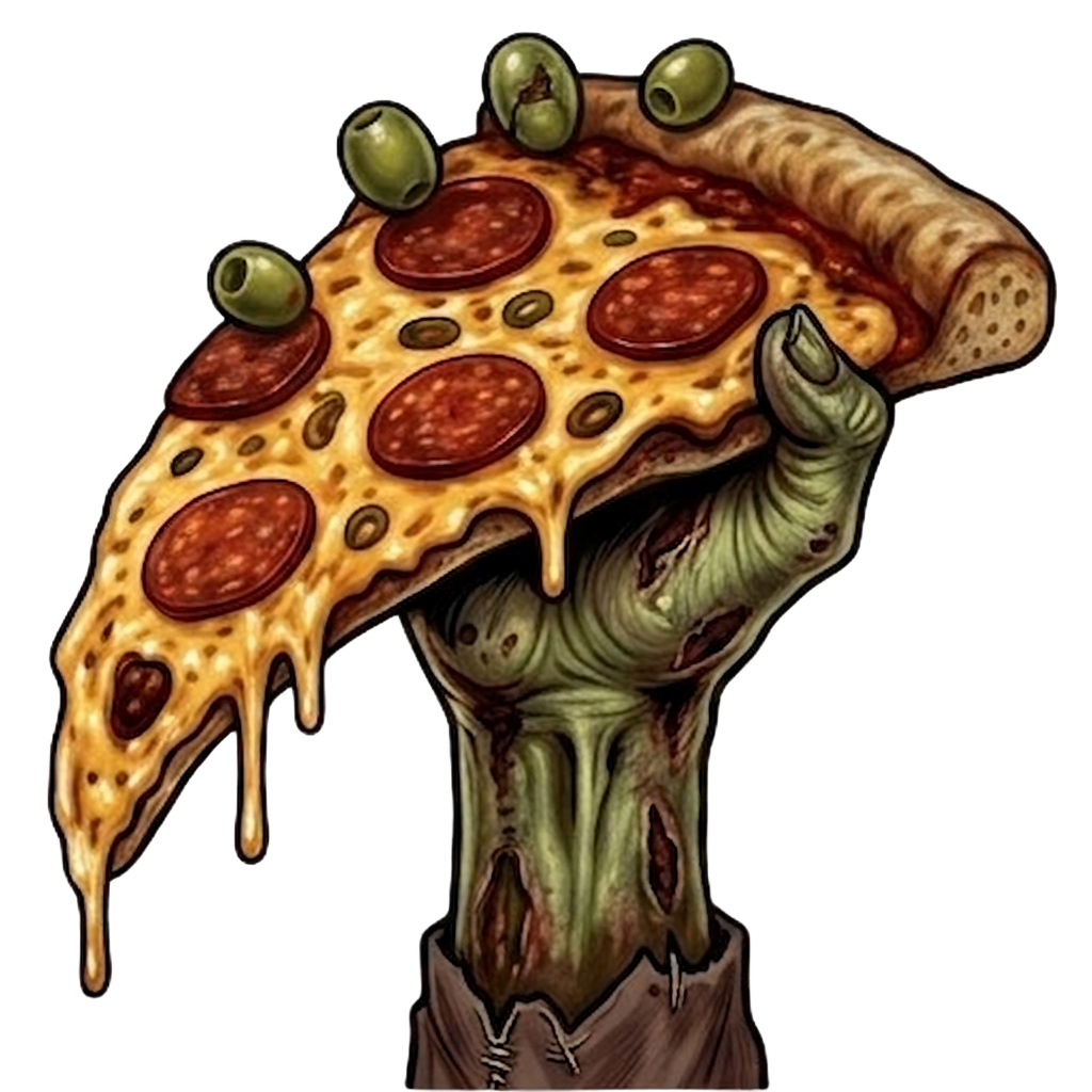 Zombified pizza with oozing green cheese and blood-red sauce